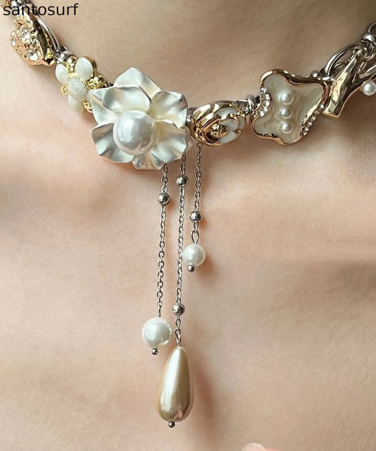 Chic White Floral Tassel Pearl Adjustable Alloy Choker