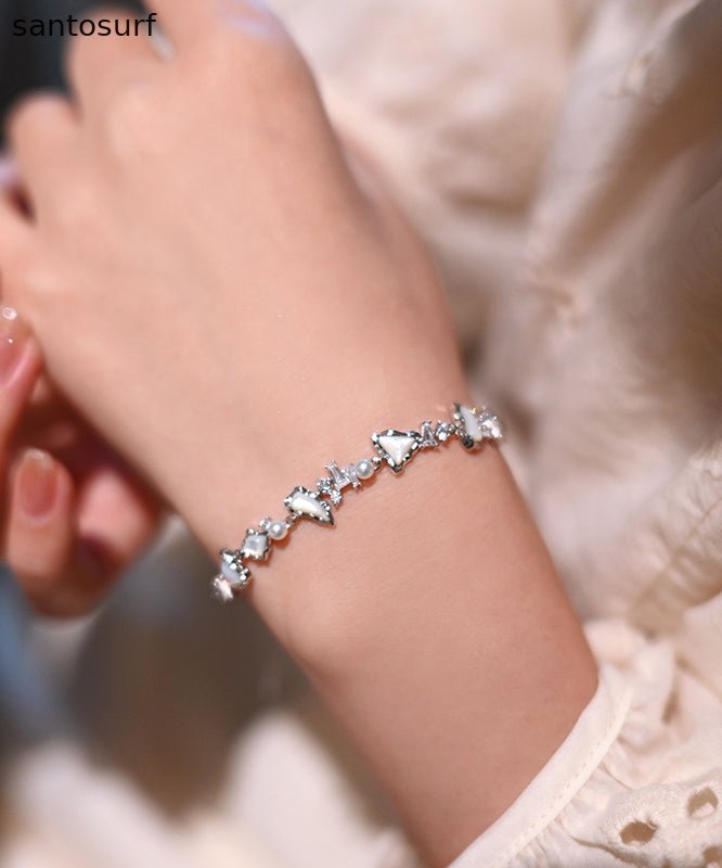 Chic White Natural Freshwater Pearl Mother Of Pearl Zircon Adjustable Silver Bracelet