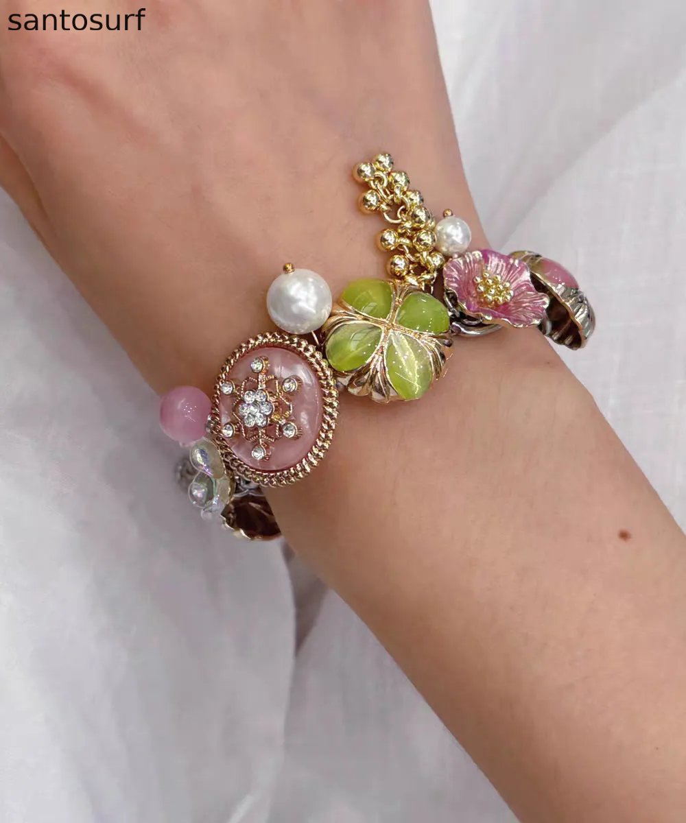 Fashion Rainbow Stainless Steel Floral Pearl Tassel Charm Bracelet