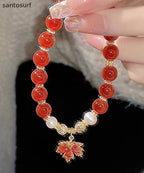 Chinese Style Red Copper Alloy Agate Maple Leaf Pearl Charm Bracelet