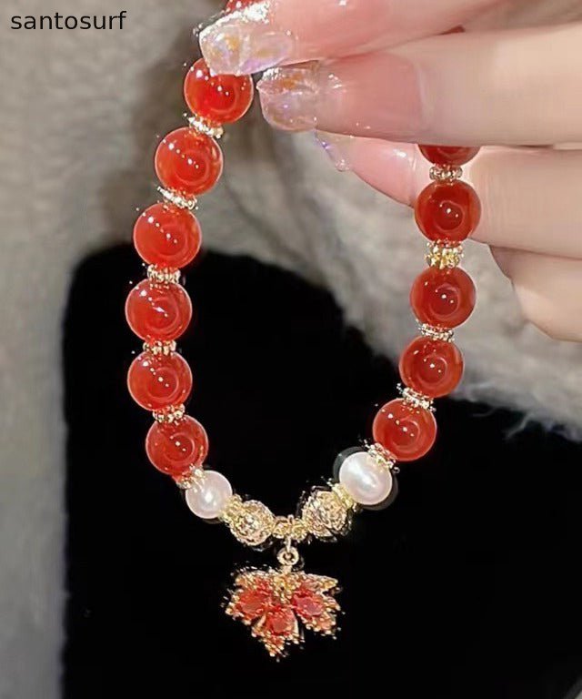 Chinese Style Red Copper Alloy Agate Maple Leaf Pearl Charm Bracelet
