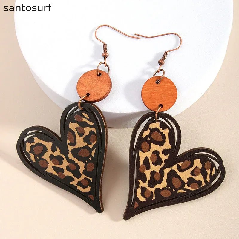 Leopard Heart Wooden Earrings