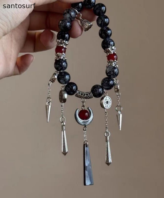 Boutique  Black Sterling Silver Crystal Gem Stone Tassel Charm Bracelet