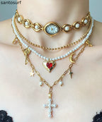 Stylish Gold Clock Love Pearl Layering Titanium Steel Two Piece Set Pendant Necklace