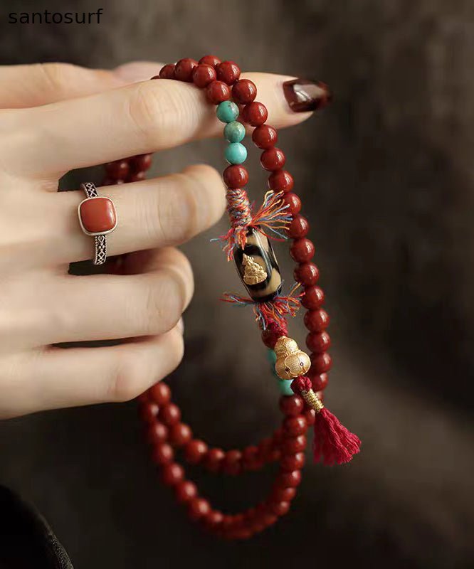Handmade Red 925 Silver Agate Turquoise Calabash Buddha Statue Charm Bracelet