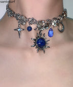 Women Blue Sun Zircon Moon Alloy Pendant Choker