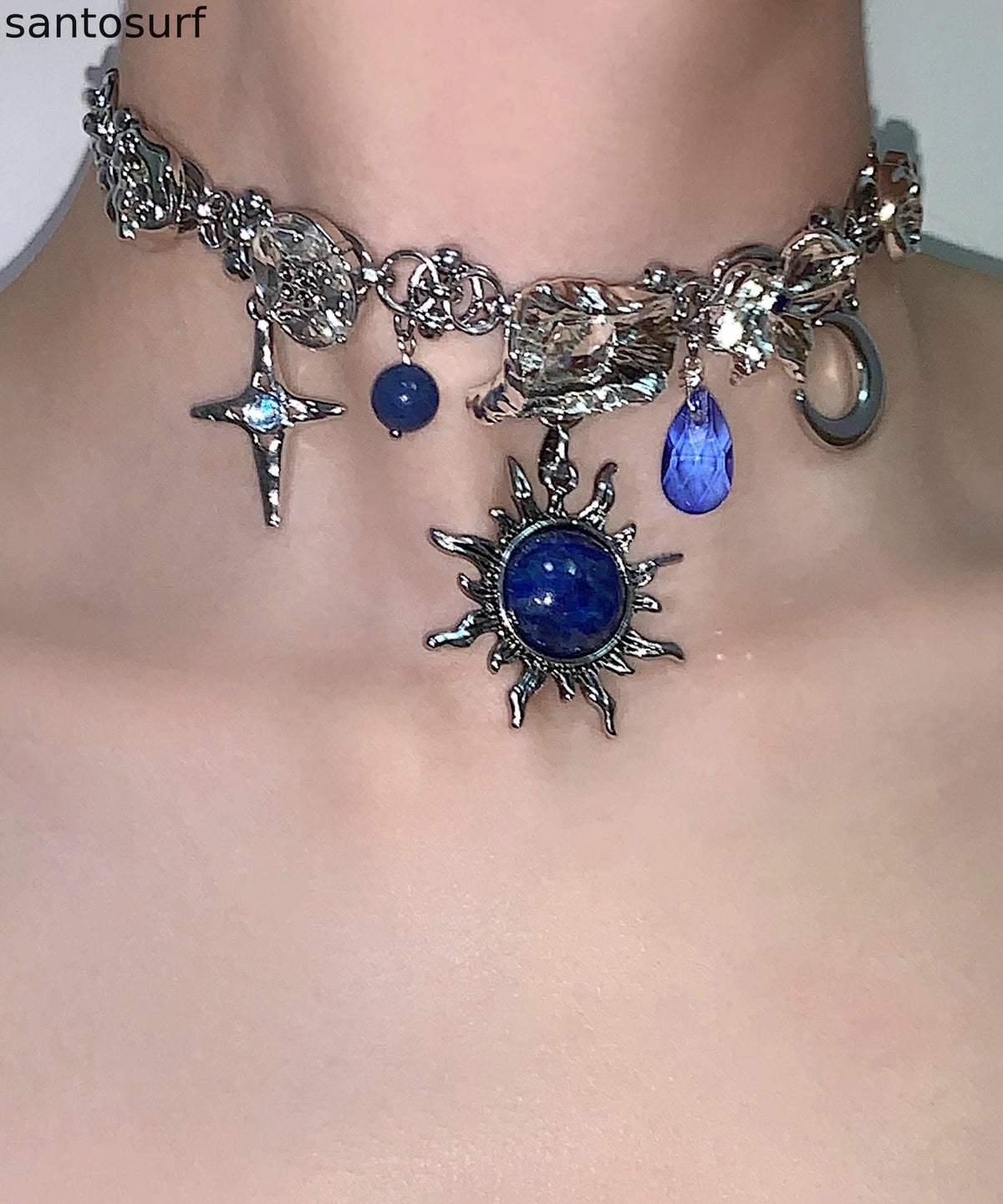 Women Blue Sun Zircon Moon Alloy Pendant Choker