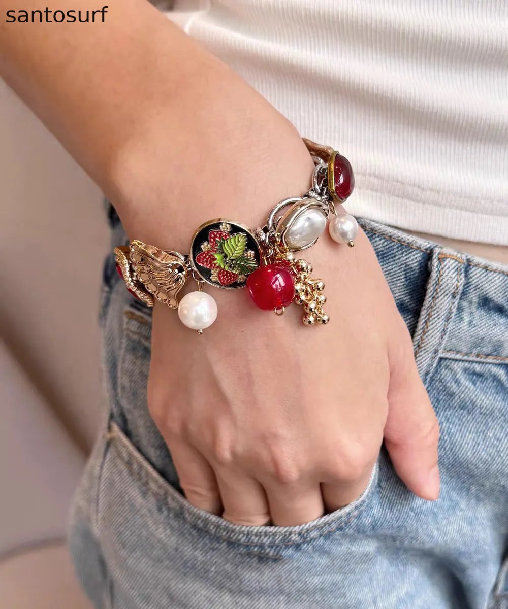 Vogue Red Stainless Steel Pearl Strawberry Charm Bracelet