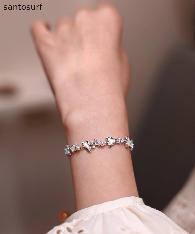 Chic White Natural Freshwater Pearl Mother Of Pearl Zircon Adjustable Silver Bracelet