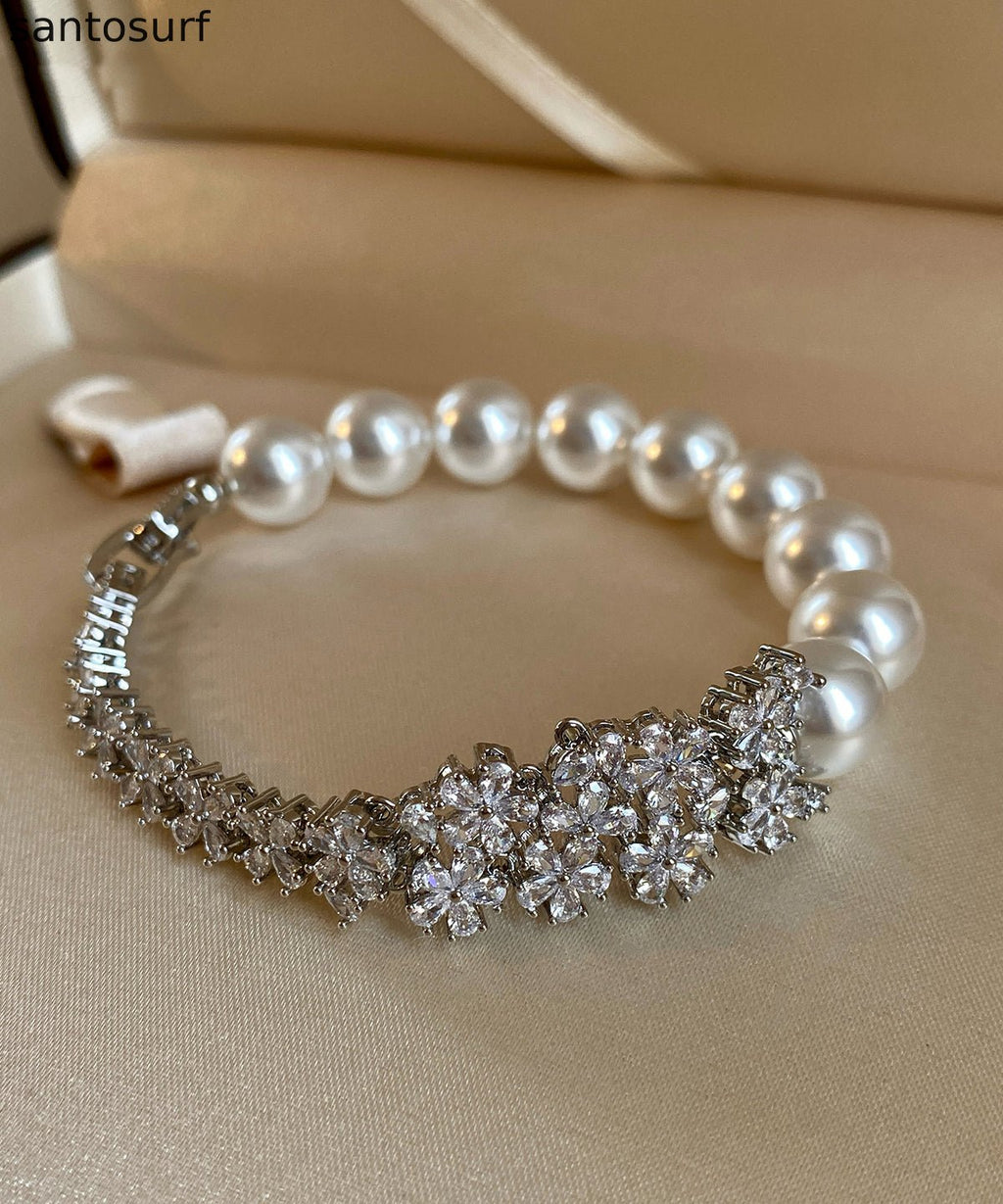 Classic Silver Blossoms Zircon Pearl Bracelet