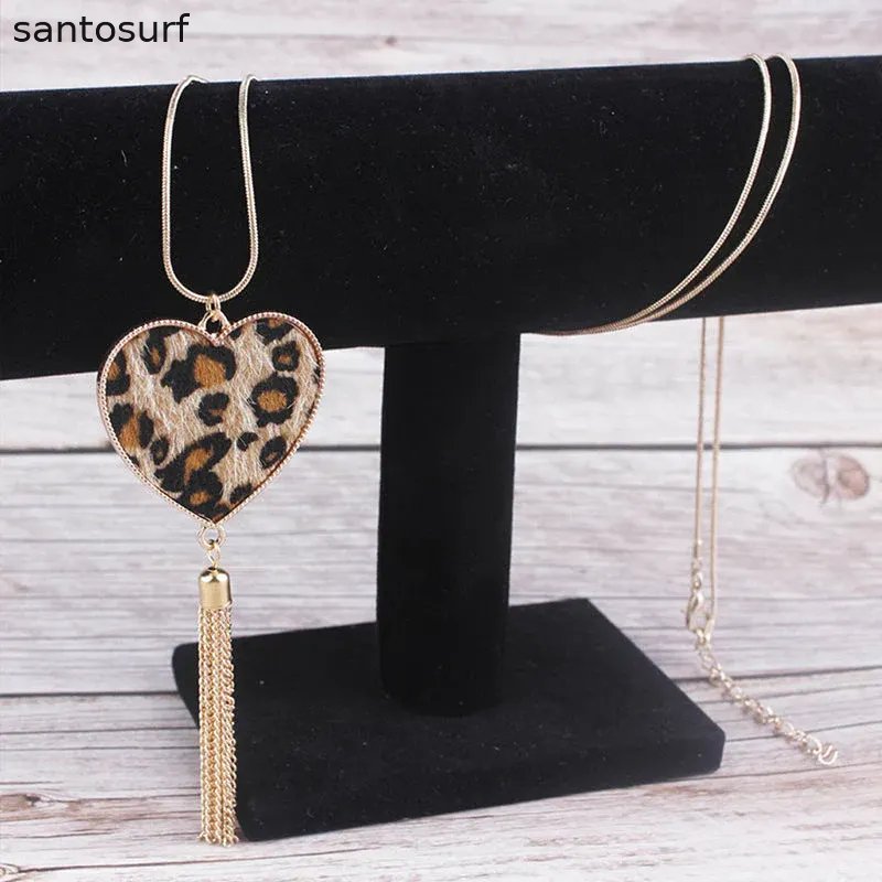 Leopard Heart Tassel Pendant Necklace