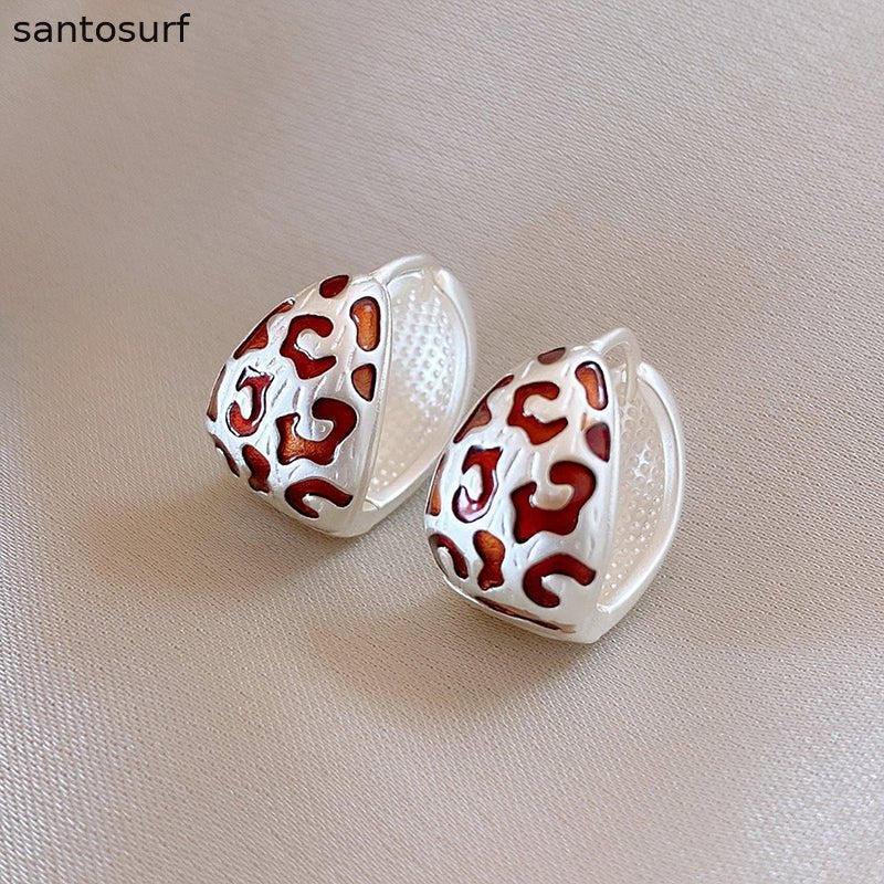 Red Enamel Leopard Pattern Hoop Earrings