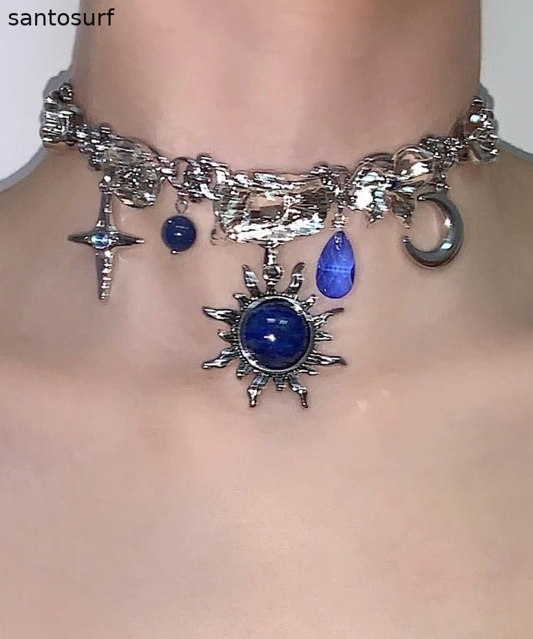 Women Blue Sun Zircon Moon Alloy Pendant Choker
