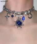 Women Blue Sun Zircon Moon Alloy Pendant Choker