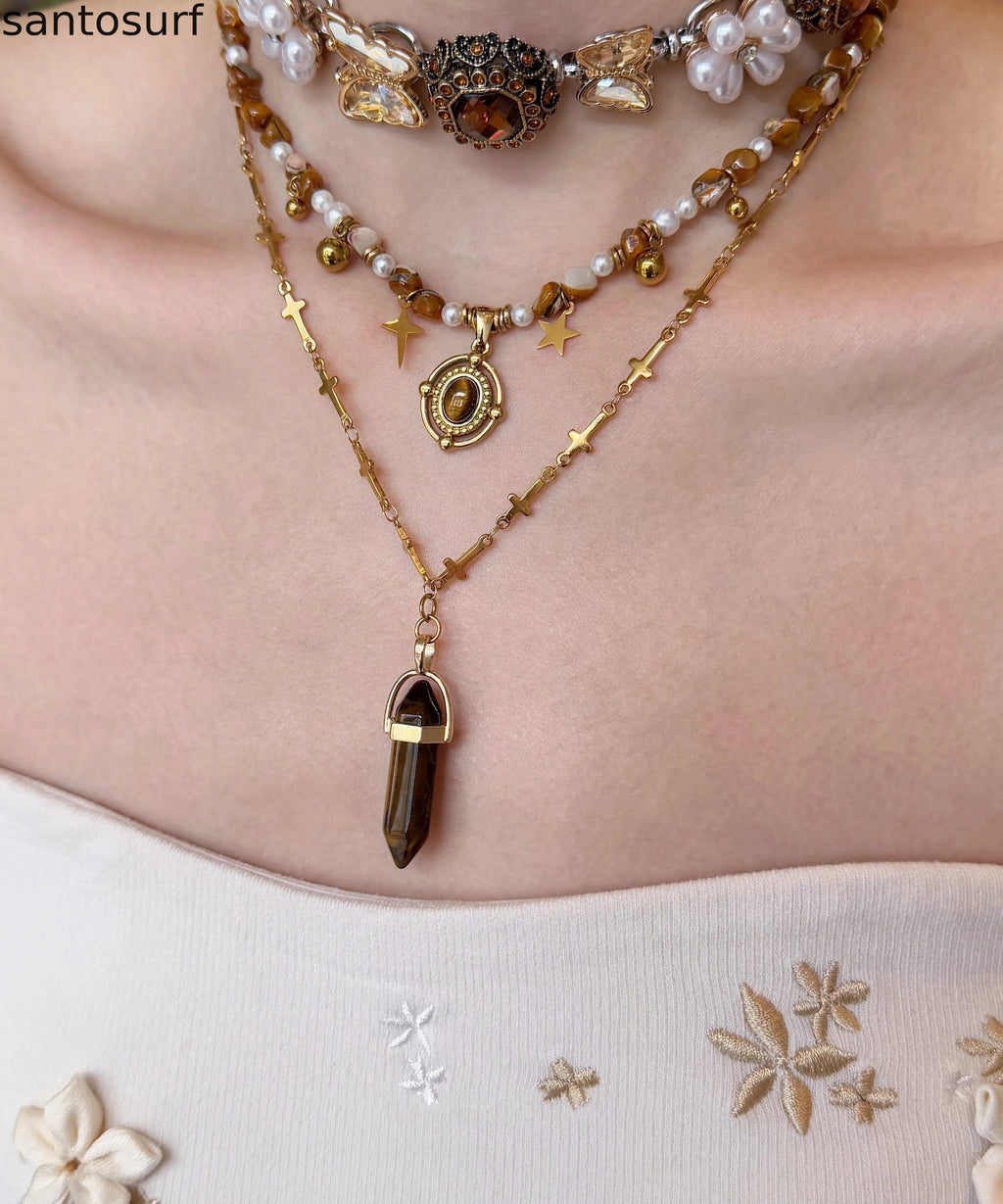 Floral Brown Tiger's Eye Pearl Butterfly Titanium Steel Three Piece Set Pendant Necklace