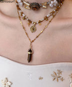 Floral Brown Tiger's Eye Pearl Butterfly Titanium Steel Three Piece Set Pendant Necklace