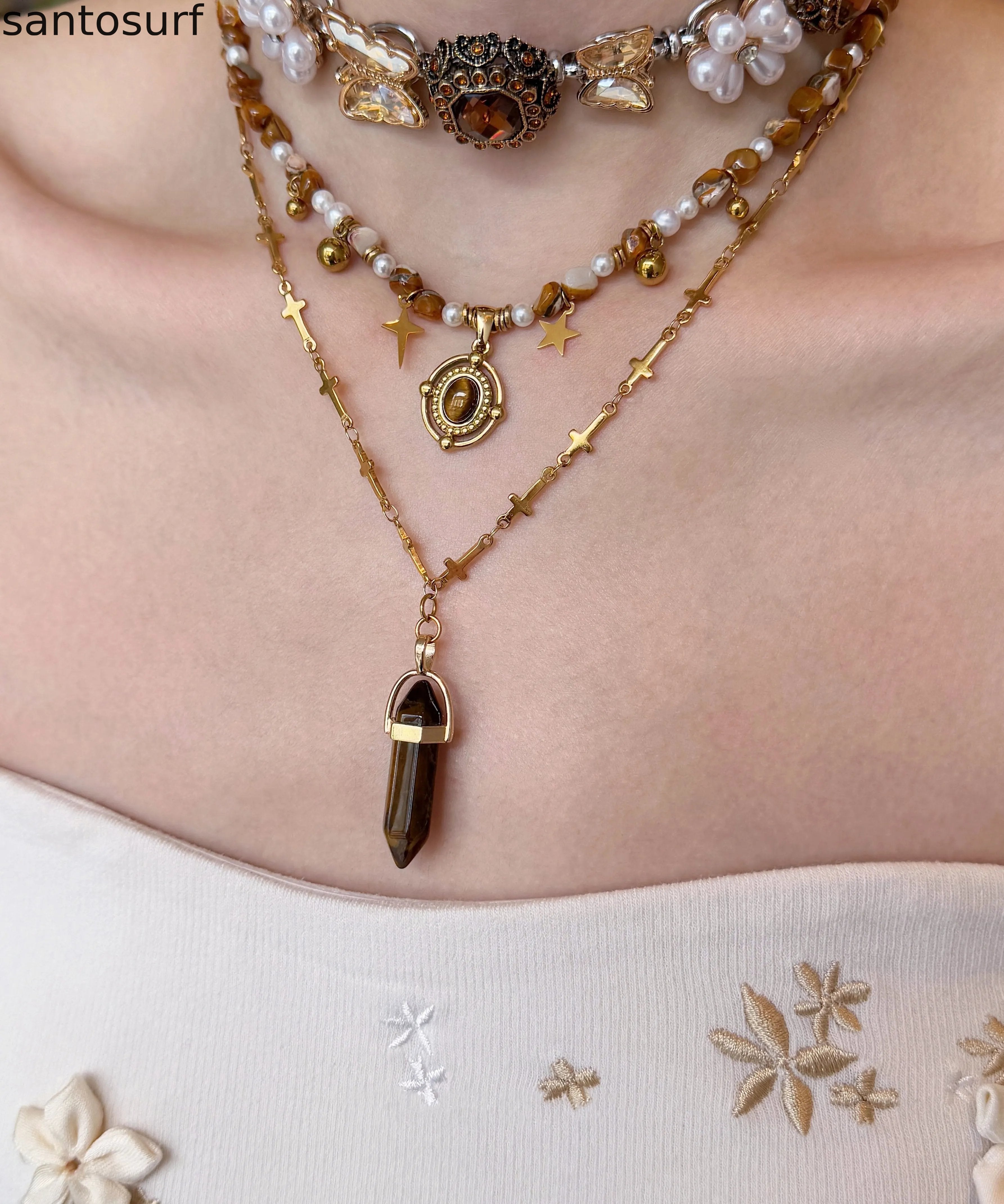 Floral Brown Tiger's Eye Pearl Butterfly Titanium Steel Three Piece Set Pendant Necklace