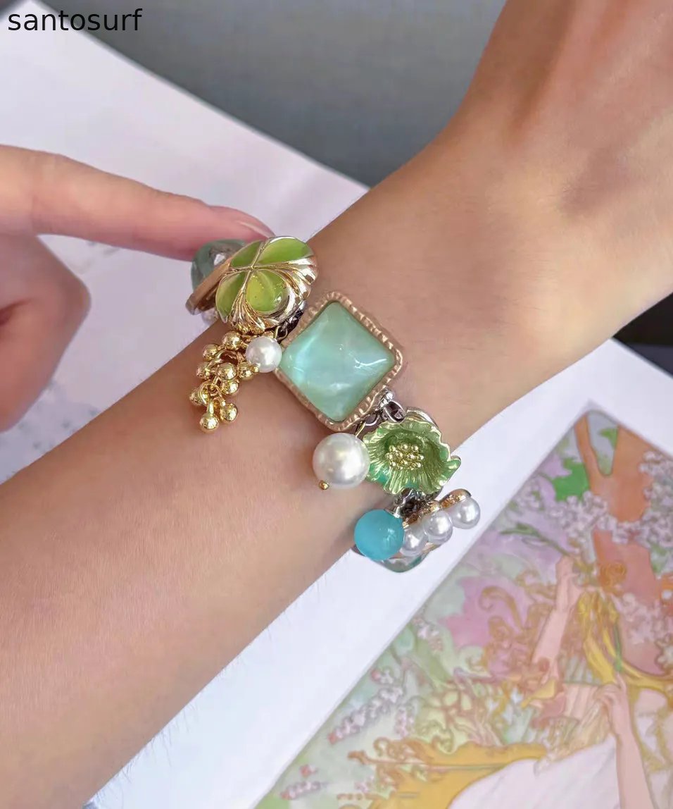Holiday Colorblock Stainless Steel Floral Pearl Tassel Charm Bracelet
