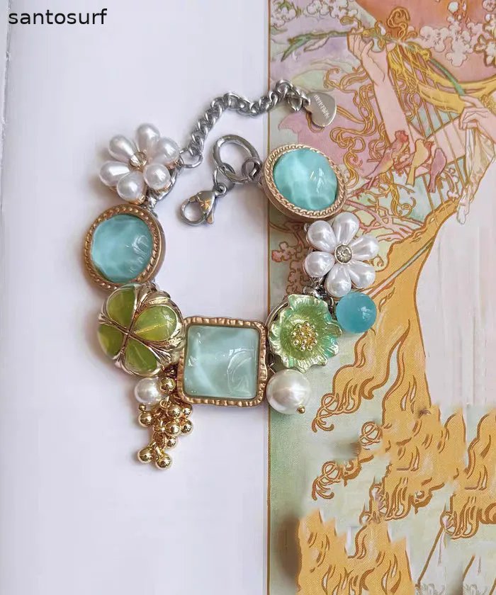 Holiday Colorblock Stainless Steel Floral Pearl Tassel Charm Bracelet