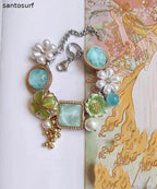 Holiday Colorblock Stainless Steel Floral Pearl Tassel Charm Bracelet
