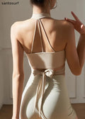 Apricot Cold Shoulder Backless Wrinkled Bra Crop Top