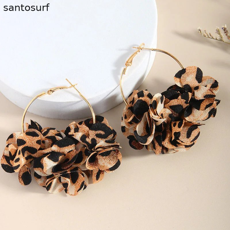 Leopard Fabric Flower Hoop Earrings