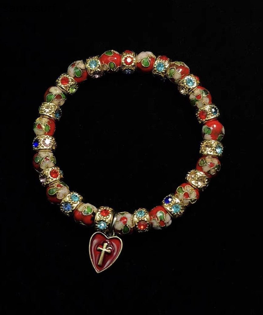 Vintage Red Acrylic Stringing Beads Zircon Alloy Charm Bracelet