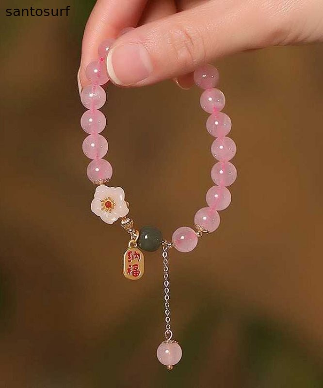 Cute Pink Sterling Silver Alloy Crystal Peach Blossom Charm Bracelet