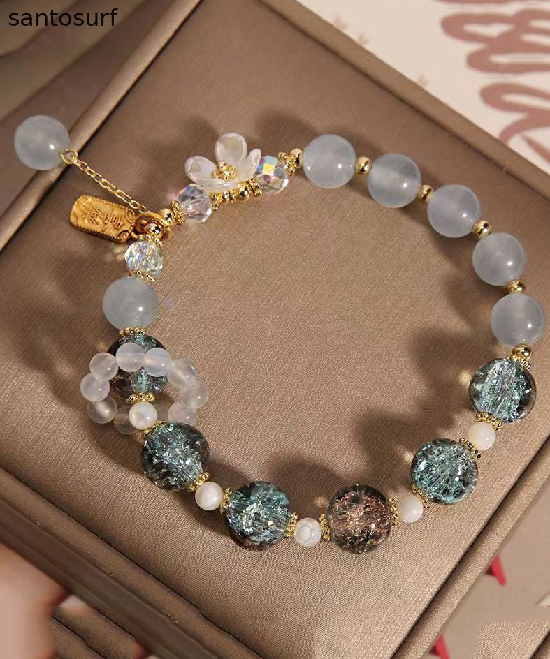 Art Light Purple Crystal Chalcedony Floral Tassel Charm Bracelet