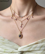 Retro Purple Zircon Layering Alloy Two Piece Set Pendant Necklace