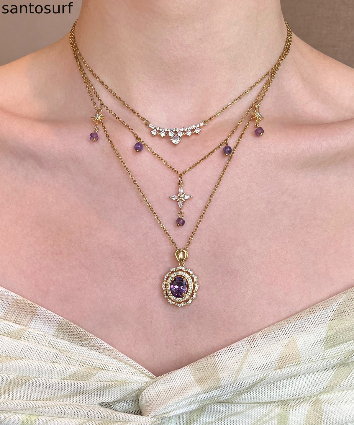 Retro Purple Zircon Layering Alloy Two Piece Set Pendant Necklace