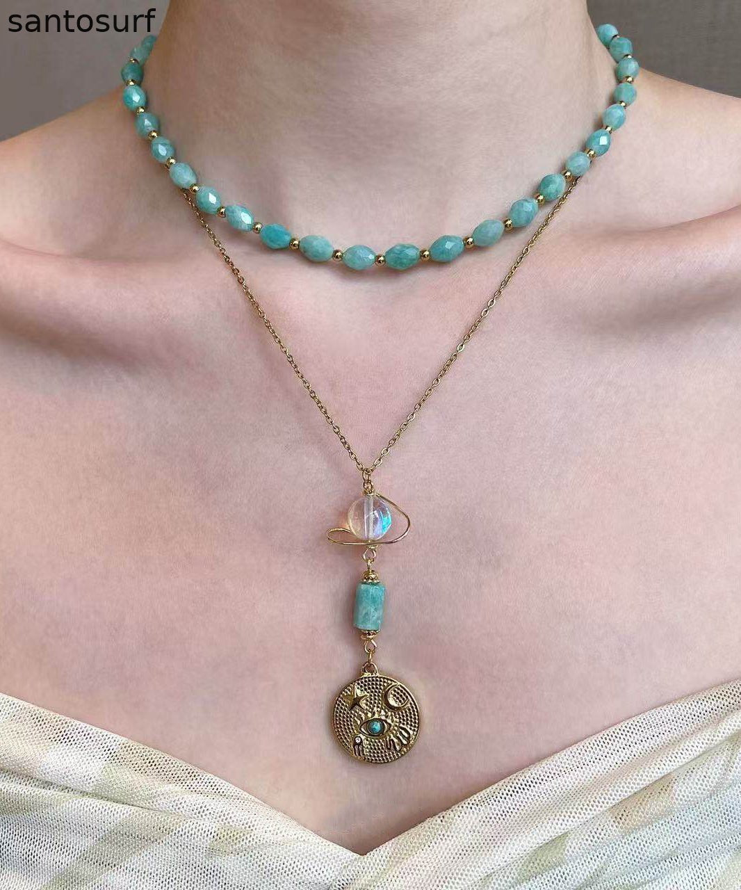 Fine Green Tianhe Stone Evil Eye Beads Layering Titanium Steel Two Piece Set Pendant Necklace