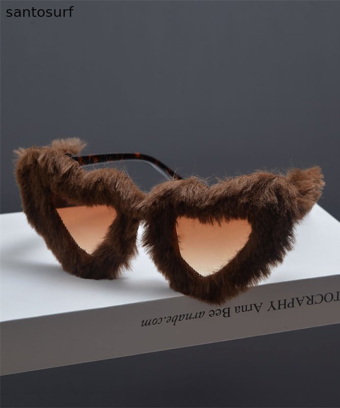 Japanese Style Pink Fur Decorative Large Frame Heart-Shaped Sunglasses