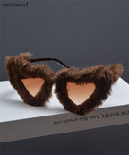 Japanese Style Pink Fur Decorative Large Frame Heart-Shaped Sunglasses