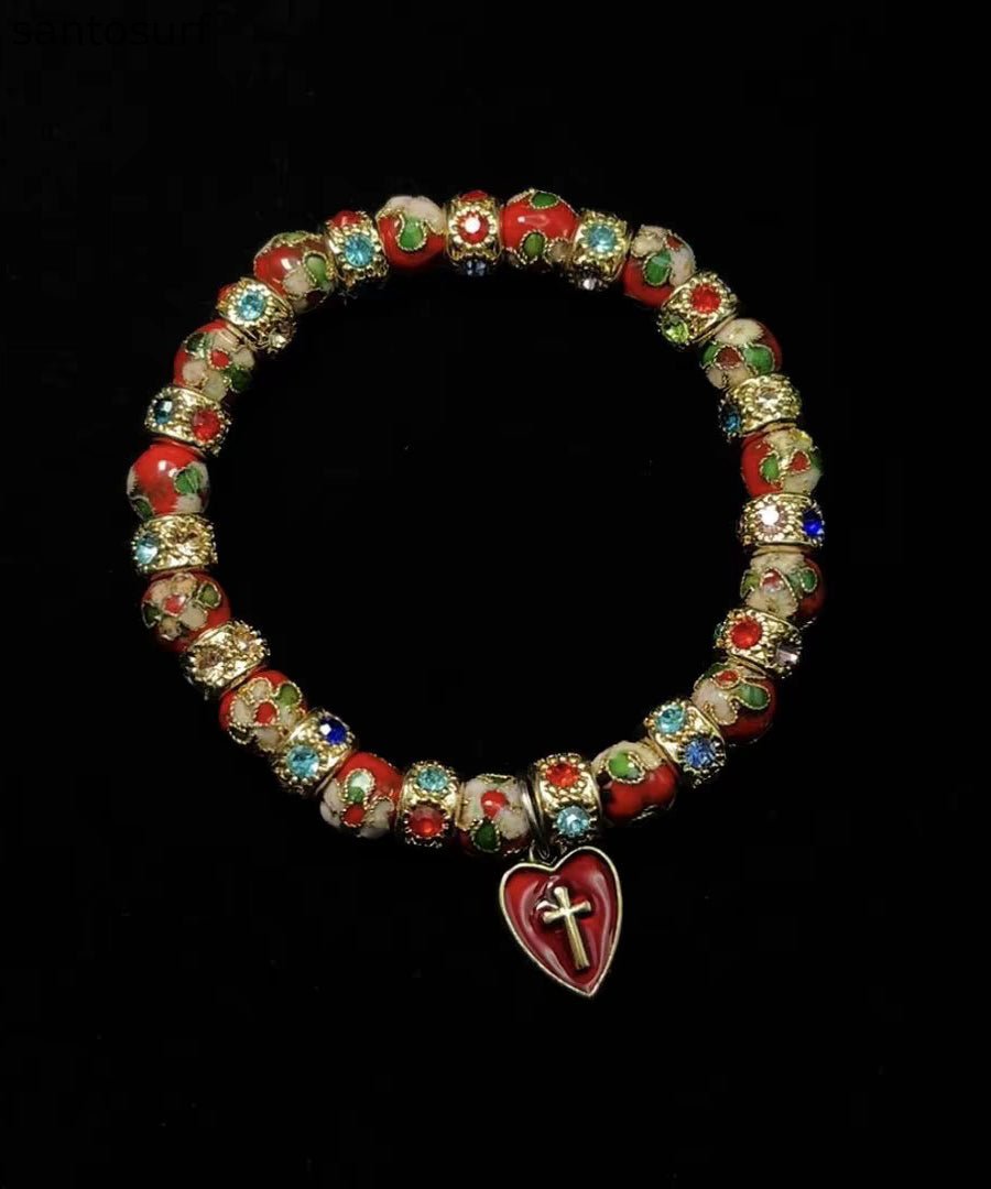 Vintage Red Acrylic Stringing Beads Zircon Alloy Charm Bracelet