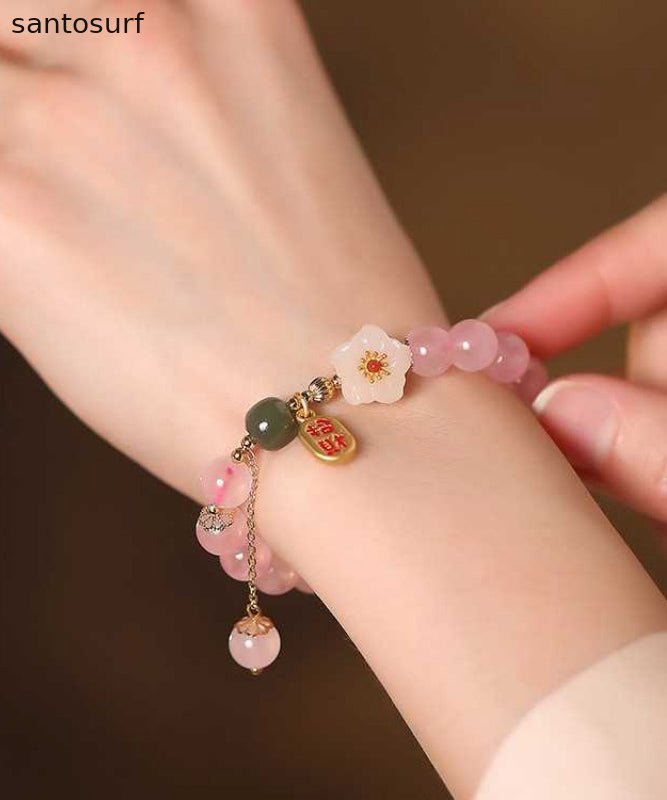 Cute Pink Sterling Silver Alloy Crystal Peach Blossom Charm Bracelet