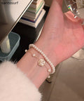 Style White Alloy Pearl Camellia Double Layer Charm Bracelet