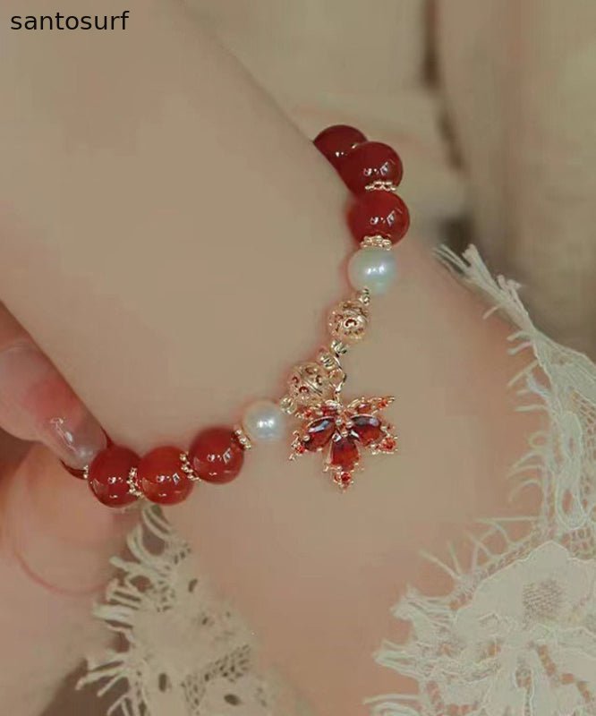 Chinese Style Red Copper Alloy Agate Maple Leaf Pearl Charm Bracelet