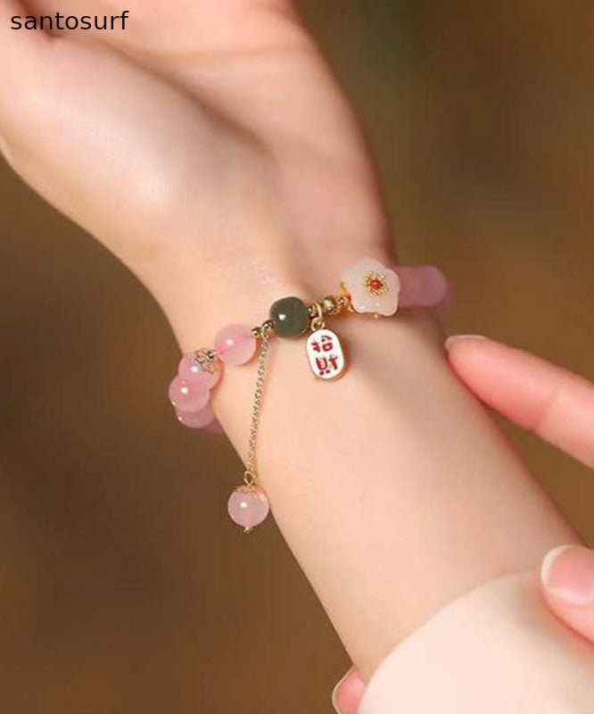 Cute Pink Sterling Silver Alloy Crystal Peach Blossom Charm Bracelet