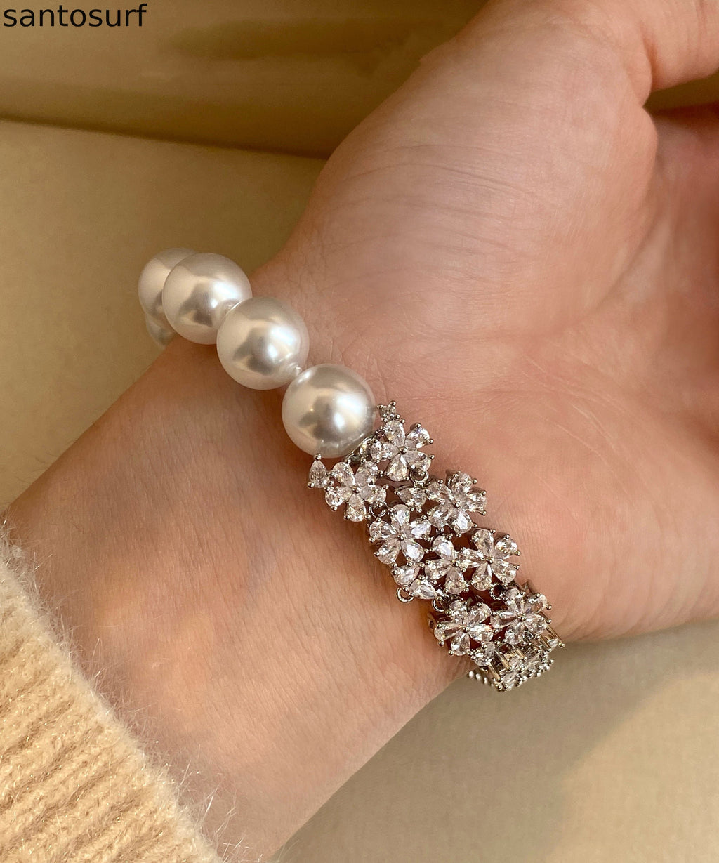 Classic Silver Blossoms Zircon Pearl Bracelet