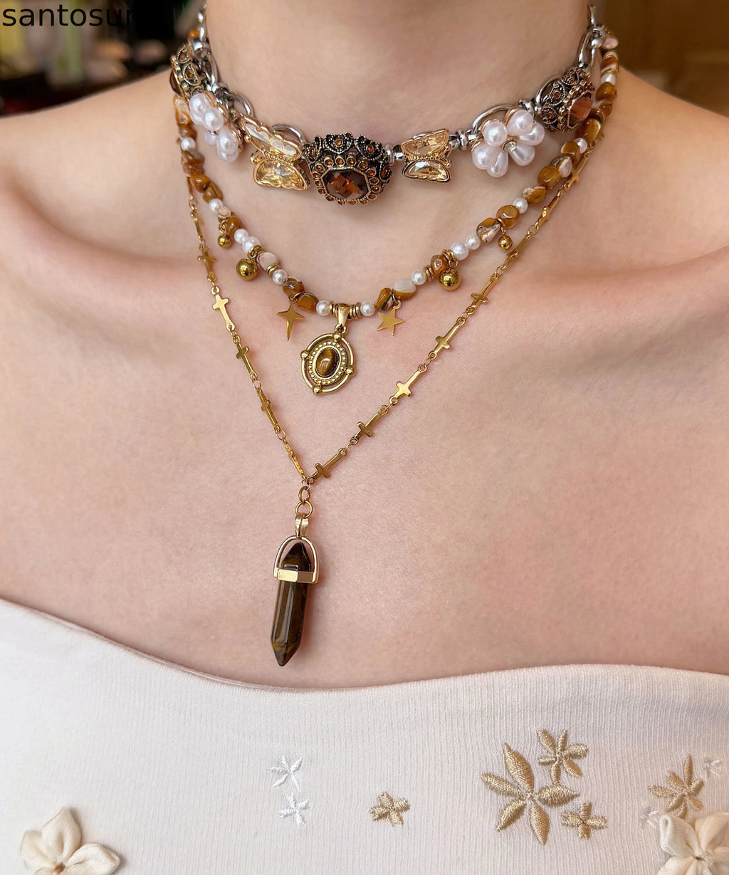 Floral Brown Tiger's Eye Pearl Butterfly Titanium Steel Three Piece Set Pendant Necklace