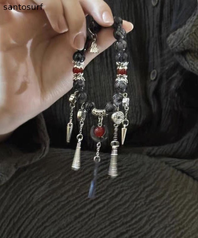 Boutique  Black Sterling Silver Crystal Gem Stone Tassel Charm Bracelet