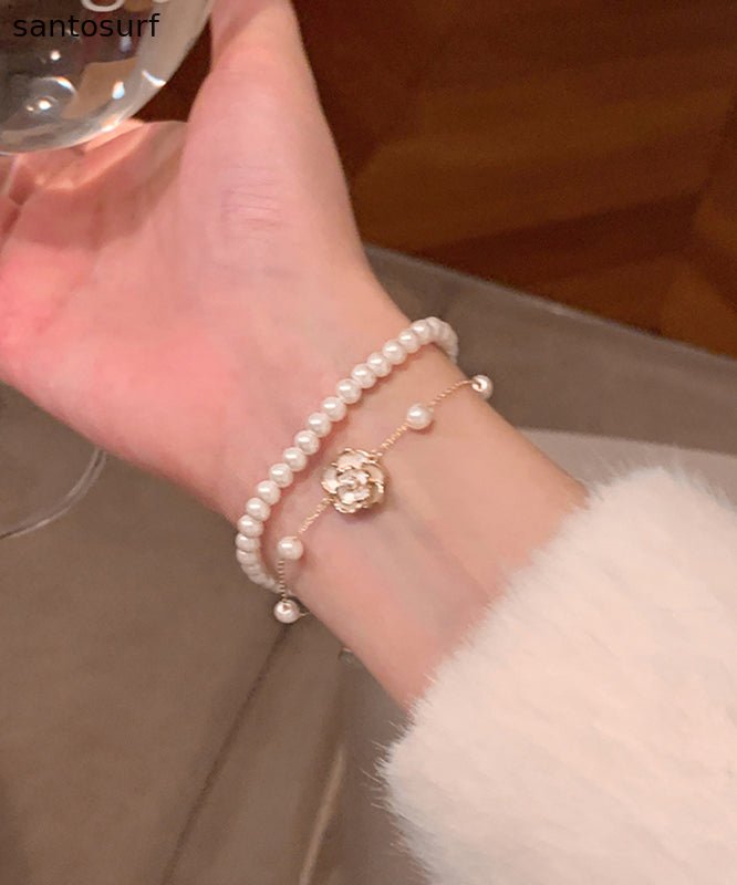 Style White Alloy Pearl Camellia Double Layer Charm Bracelet