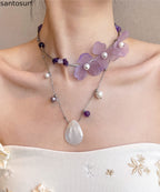 Floral Purple Pearl Shell Alloy Two Piece Set Pendant Necklace