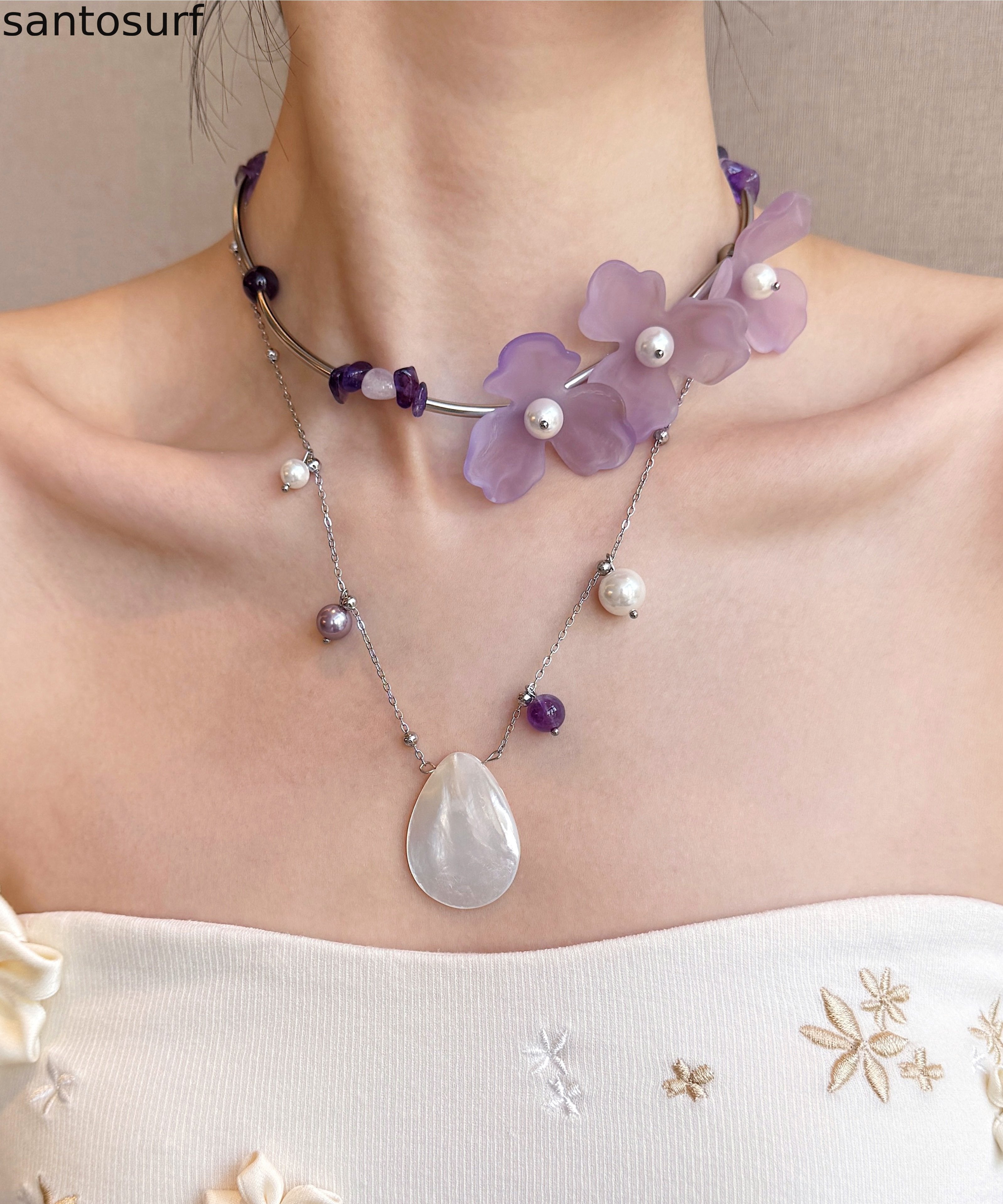 Floral Purple Pearl Shell Alloy Two Piece Set Pendant Necklace