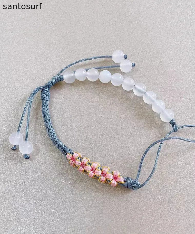 Handmade Green Weave Five Peach Blossoms Tassel Charm Bracelet