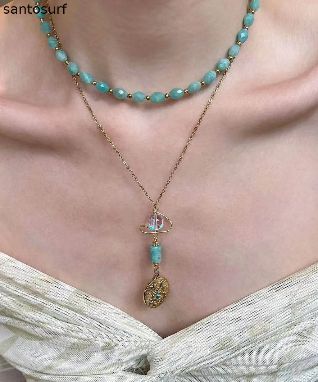 Fine Green Tianhe Stone Evil Eye Beads Layering Titanium Steel Two Piece Set Pendant Necklace