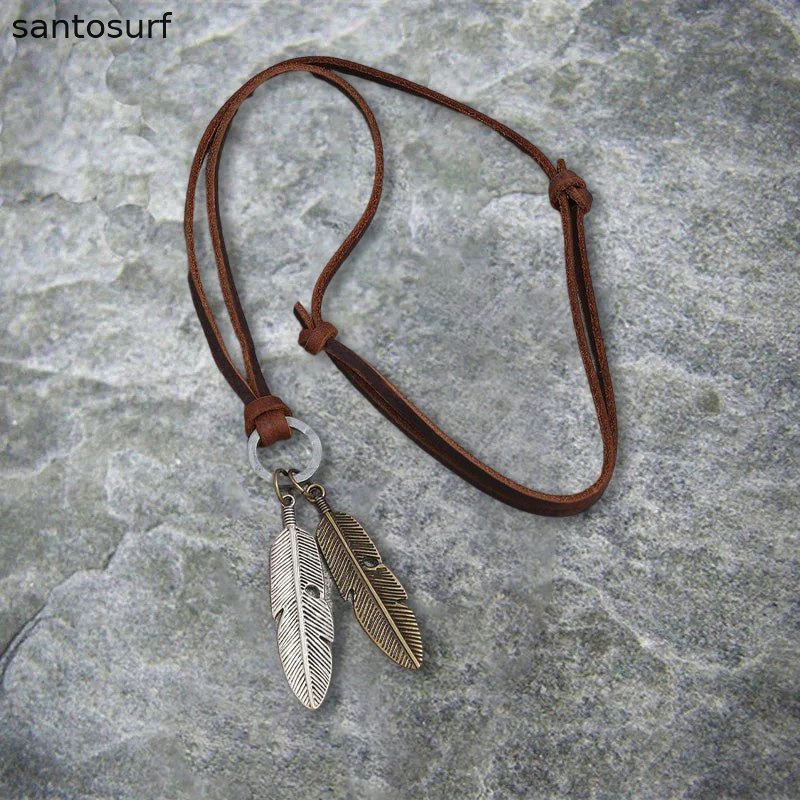 Vintage Alloy Feather Leather Necklace