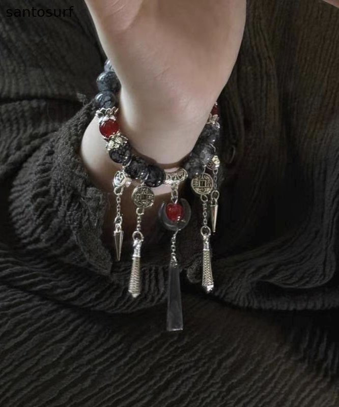 Boutique  Black Sterling Silver Crystal Gem Stone Tassel Charm Bracelet