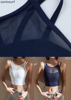 White O-Neck Patchwork Tulle Yoga Top